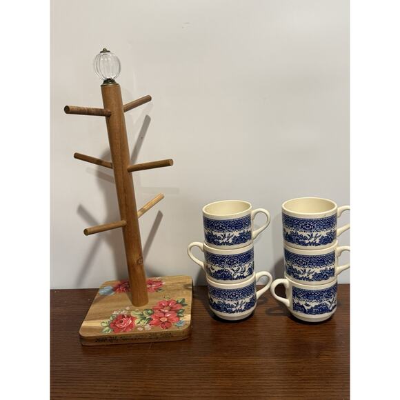 6 Blue willow 6oz. teacup transfer pattern, vintage USA 3" & Wooden Cup Stand - Picture 1 of 12
